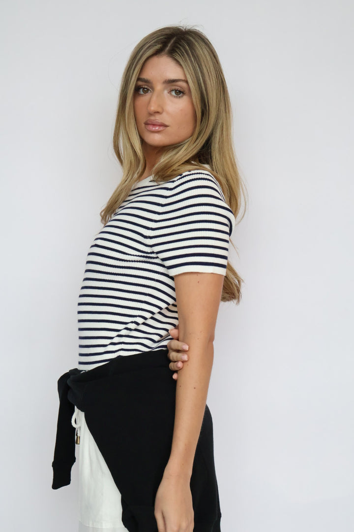 Fitted Ribbed Knit Stripe T-Shirt
