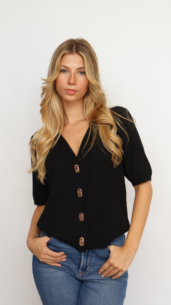Gold Button Collared Short Sleeve Cardigan