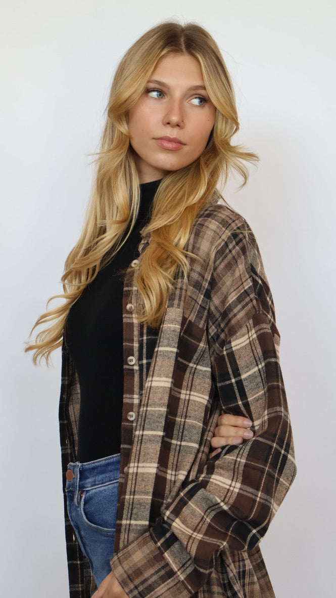 Brown Plaid Flannel Button Down Top