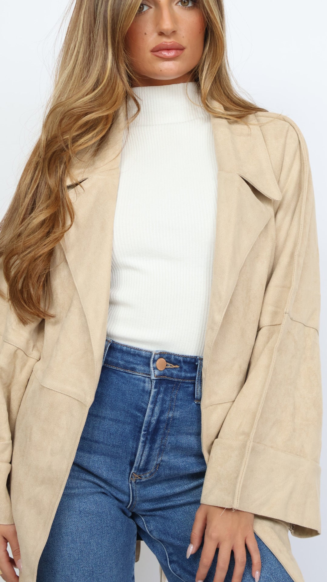 Faux Suede Belted Mid Length Trench Coat