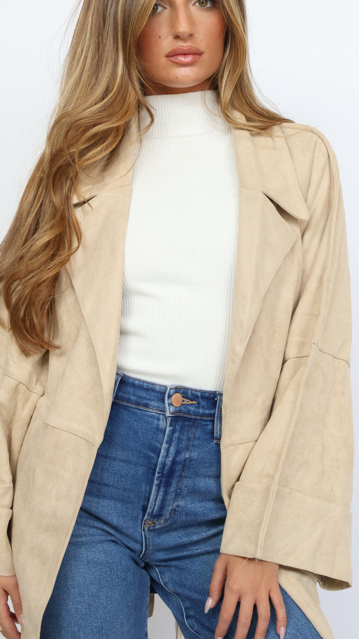 Faux Suede Belted Mid Length Trench Coat