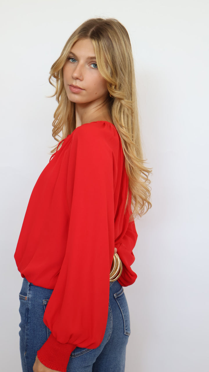 Bubble Hem Tie Neck Blouse