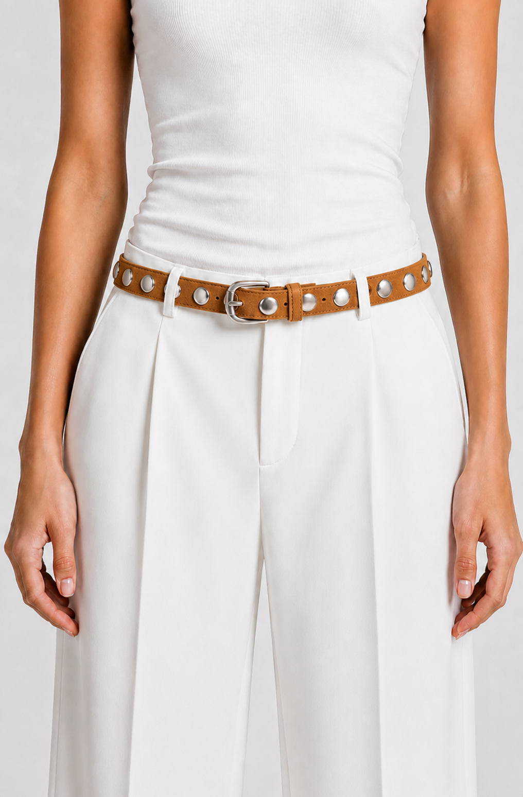 Suede Studded Belt - Camel