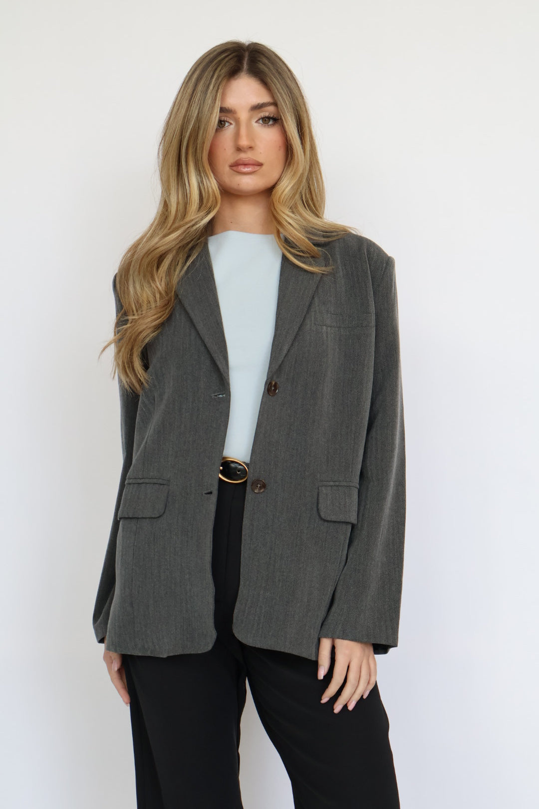 Oversized Button Front Blazer with Front Pockets