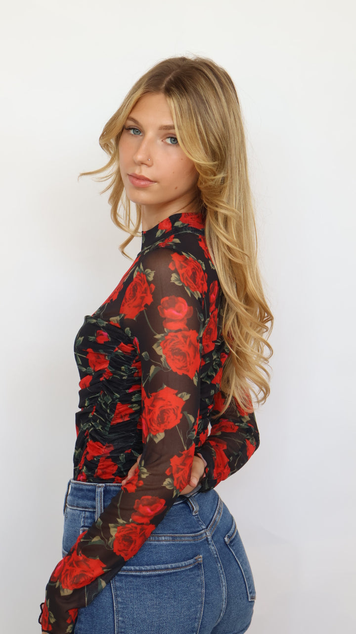 Rose Print Mock Neck Bodysuit