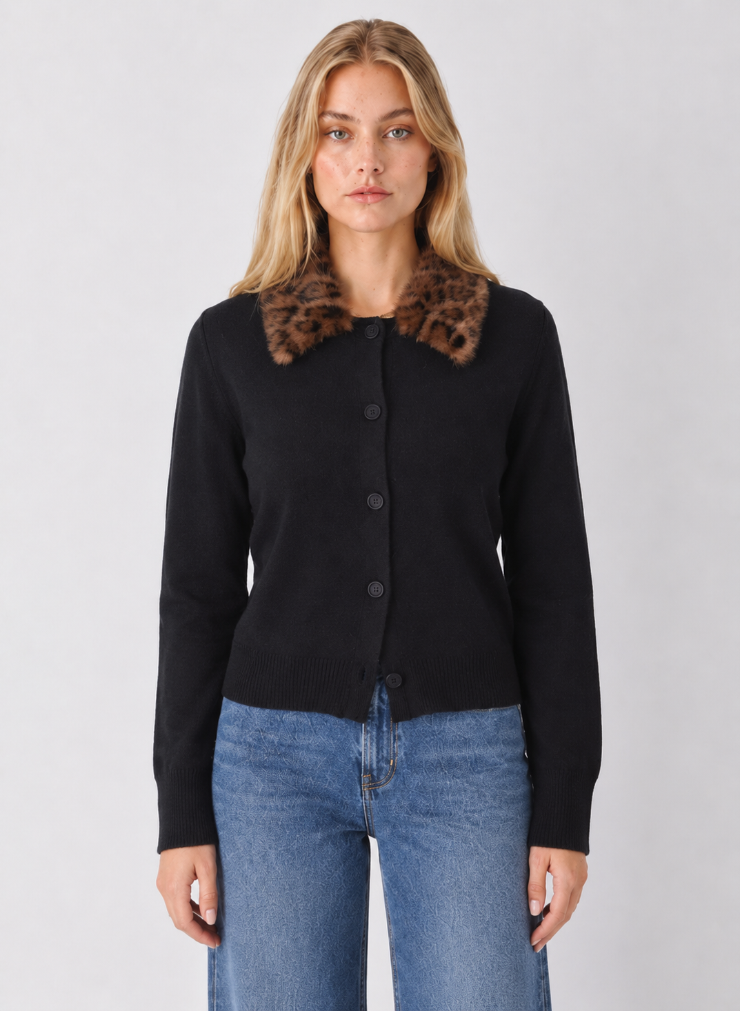 Leopard Faux Fur Collar Knit Cardigan