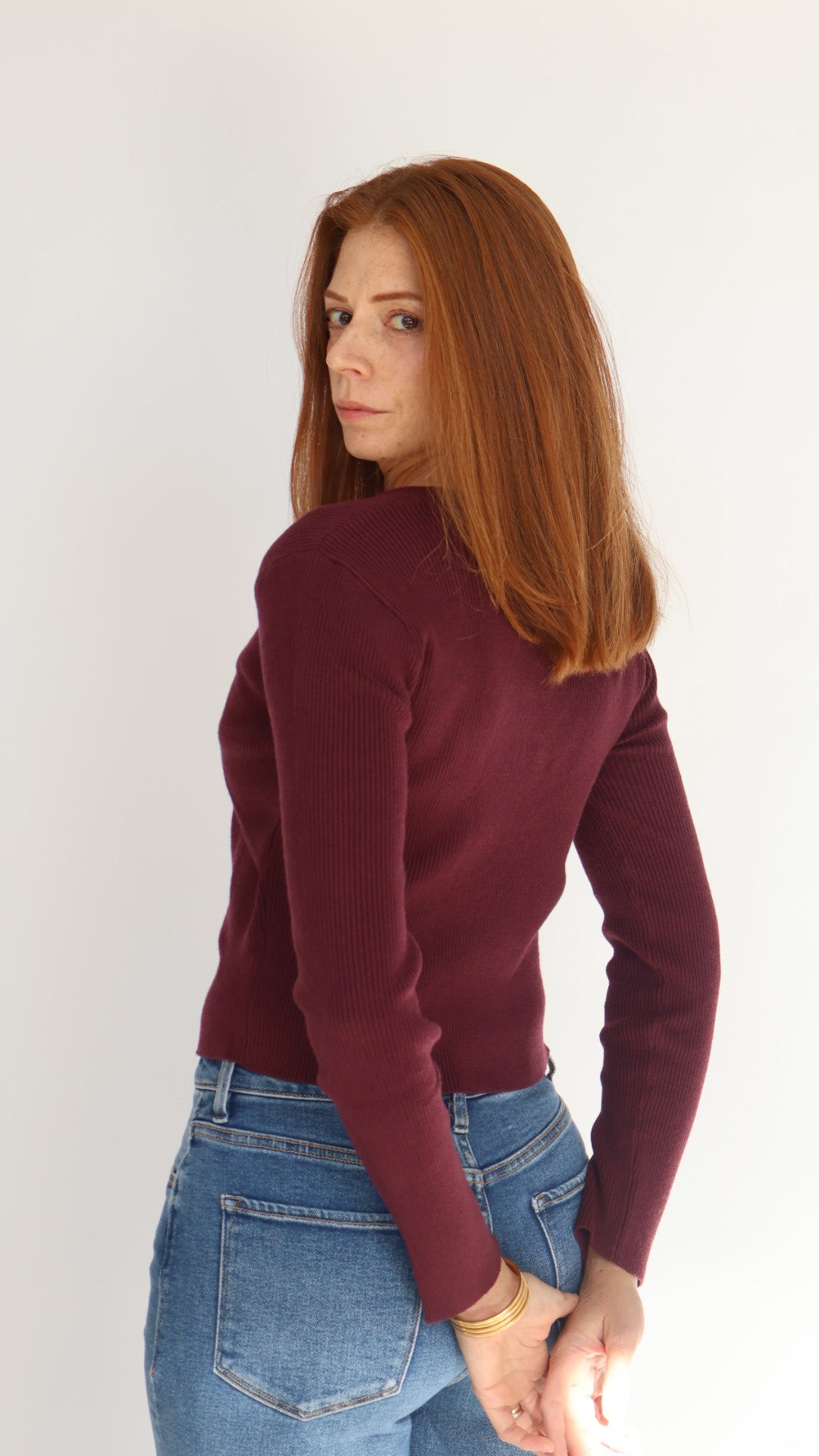 Long Sleeve Buckle Detail V Neck Top