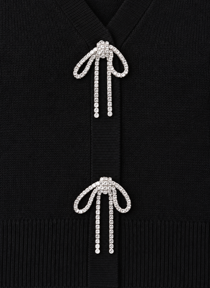 Ribbon Trim Puff Sleeve Knit Cardigan
