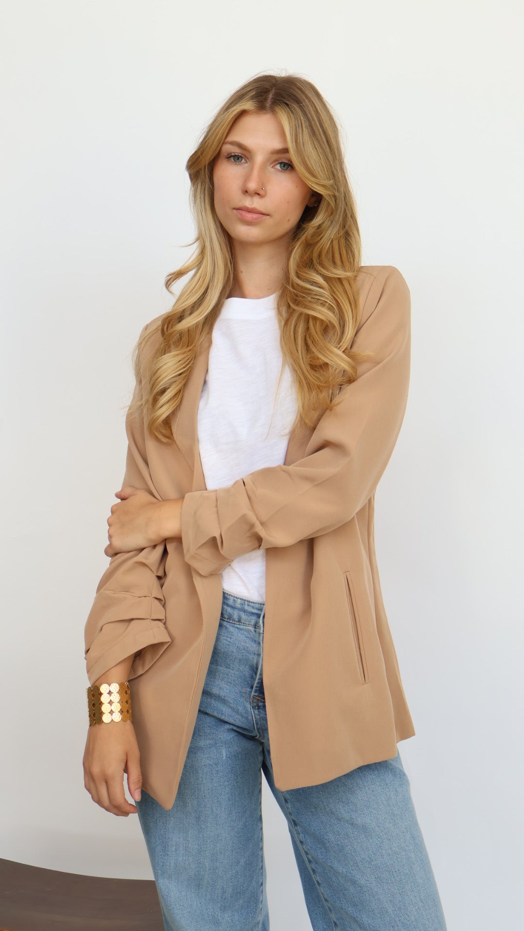 3/4 Ruched Sleeve Open Blazer