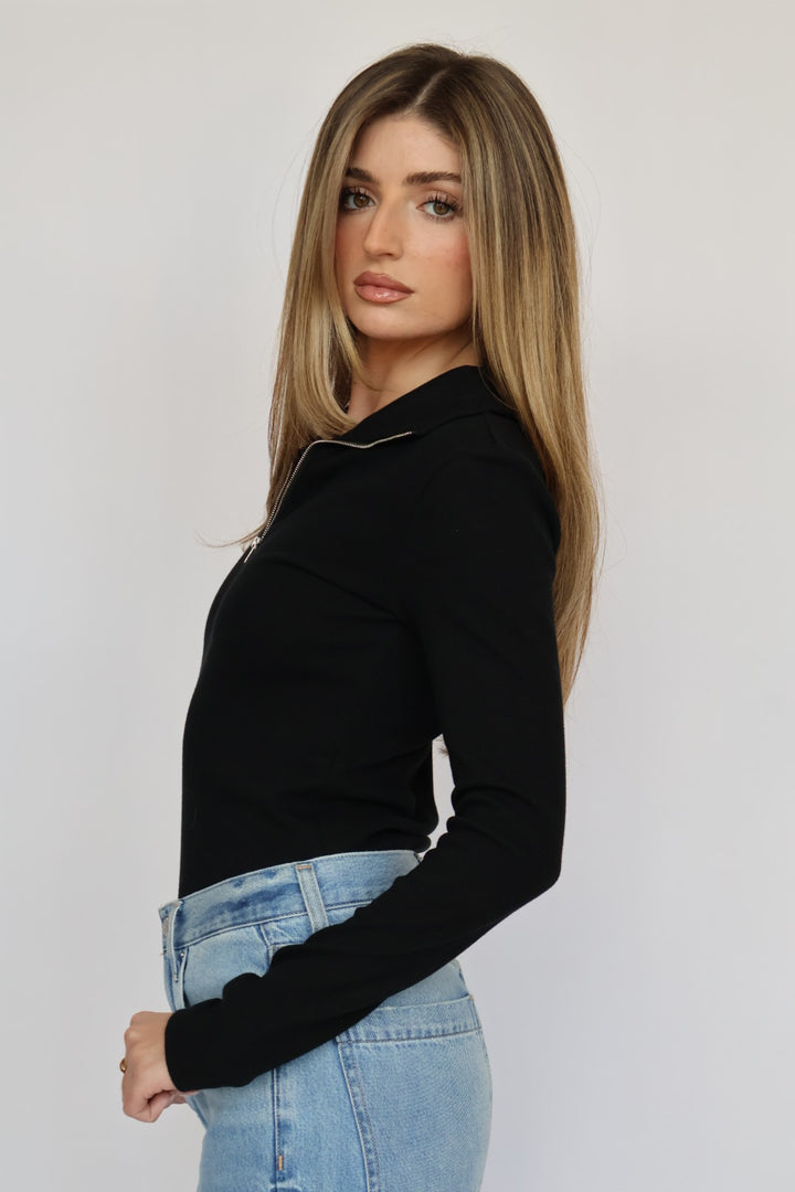 BEST SELLER : Loren Ribbed Cotton Zip Long Sleeve Top 40% OFF IN CART