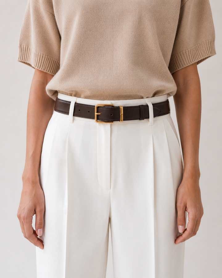 Thick Gold Brown Leather Belt - Brown
