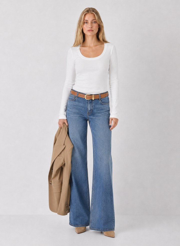 Ribbed Cotton Scoop Neck Long Sleeve Top