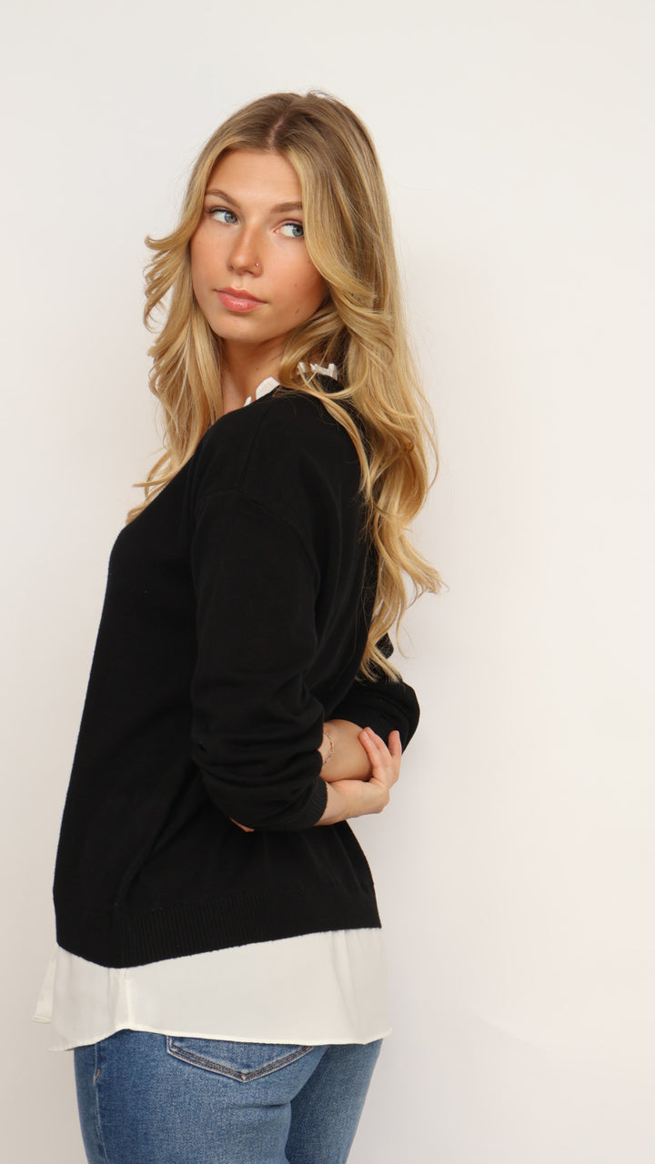 Pinch Ruffle V-Neck Twofer Sweater