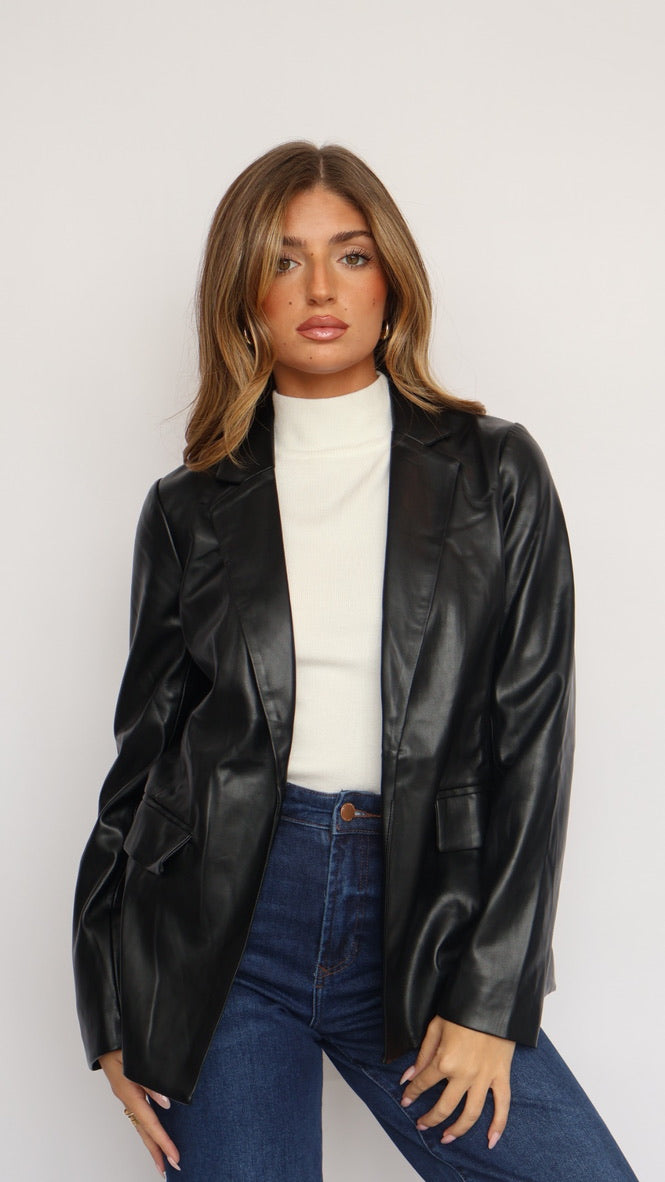 Vegan Leather Open Blazer