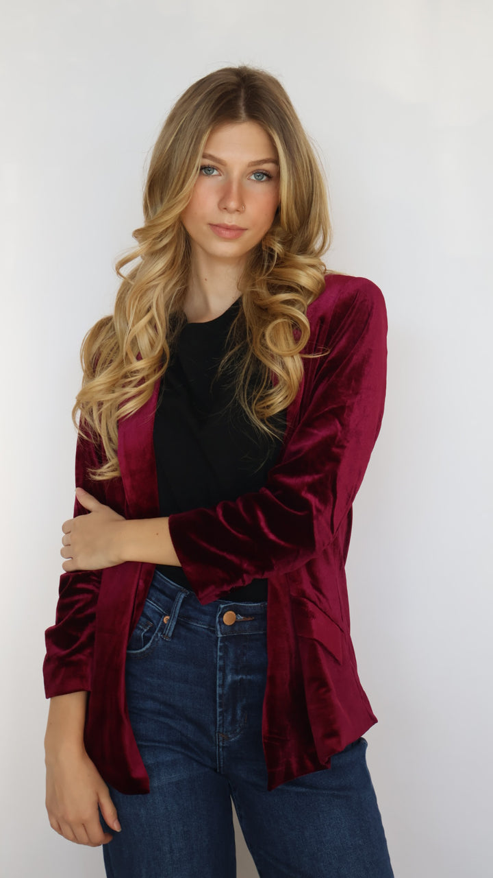 Ruched Sleeve Velvet Blazer