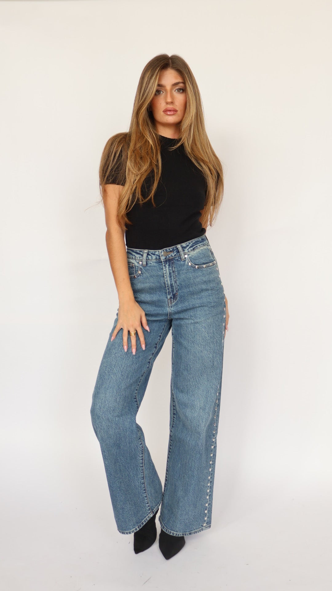 Habitual Gemma Studded High Waist Wide Leg Jeans