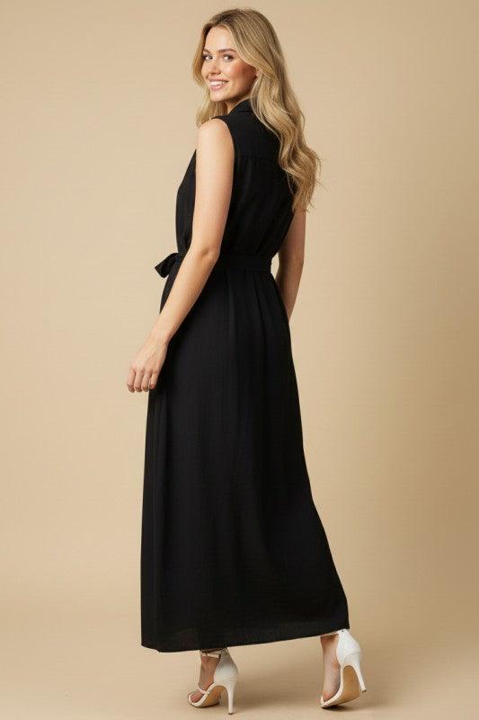 Linen Sleeveless Collared Maxi Dress