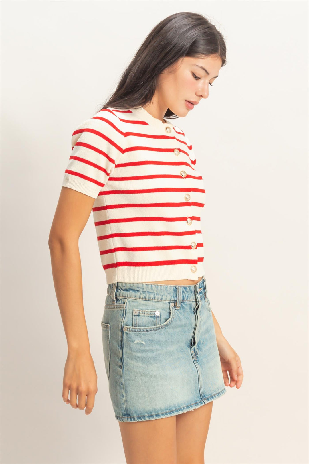 Stripe Short Sleeve Button Up Cardigan