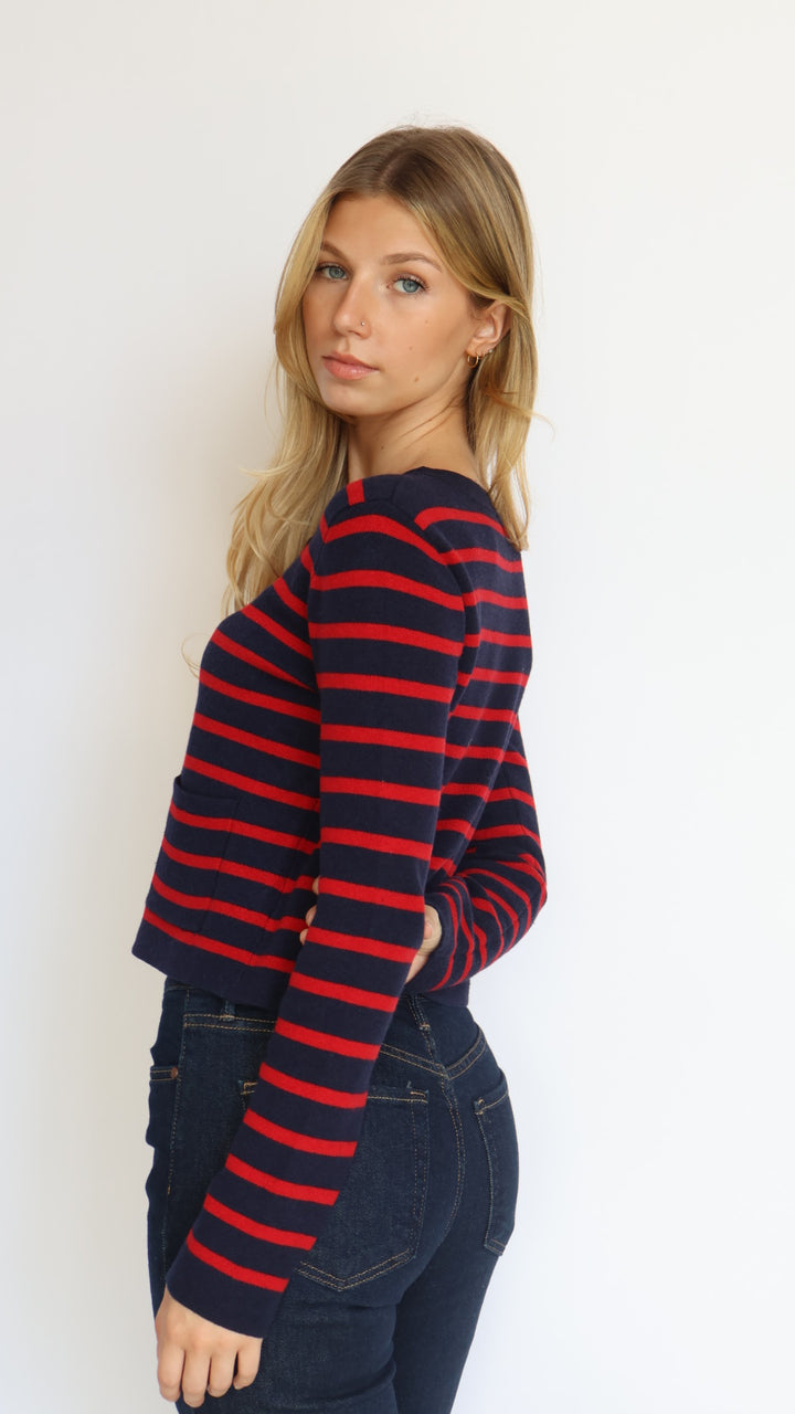 Red & Navy Striped Crewneck Cardigan