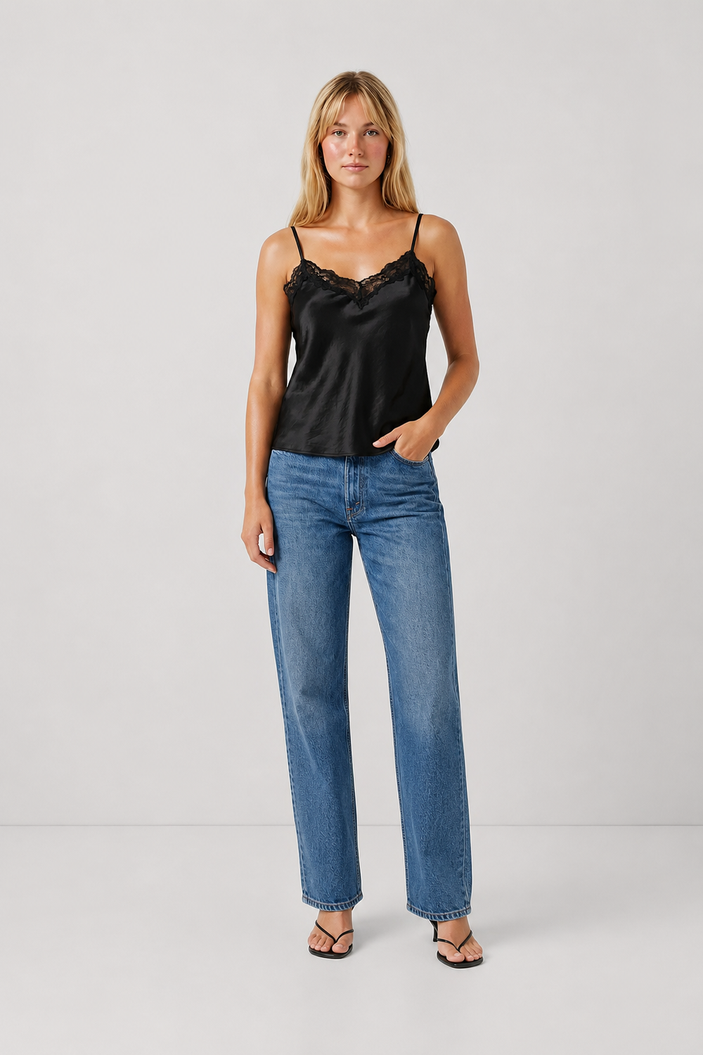 Satin V-Neck Lace Trim Cami