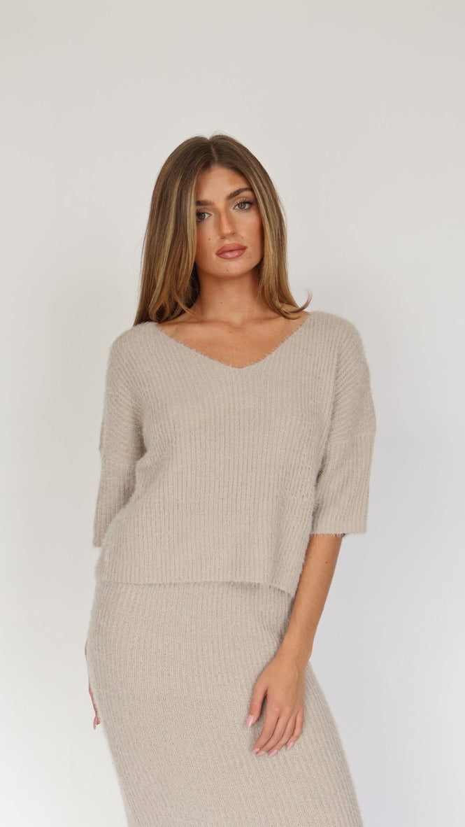 Eyelash V Neck Ribbed Sweater