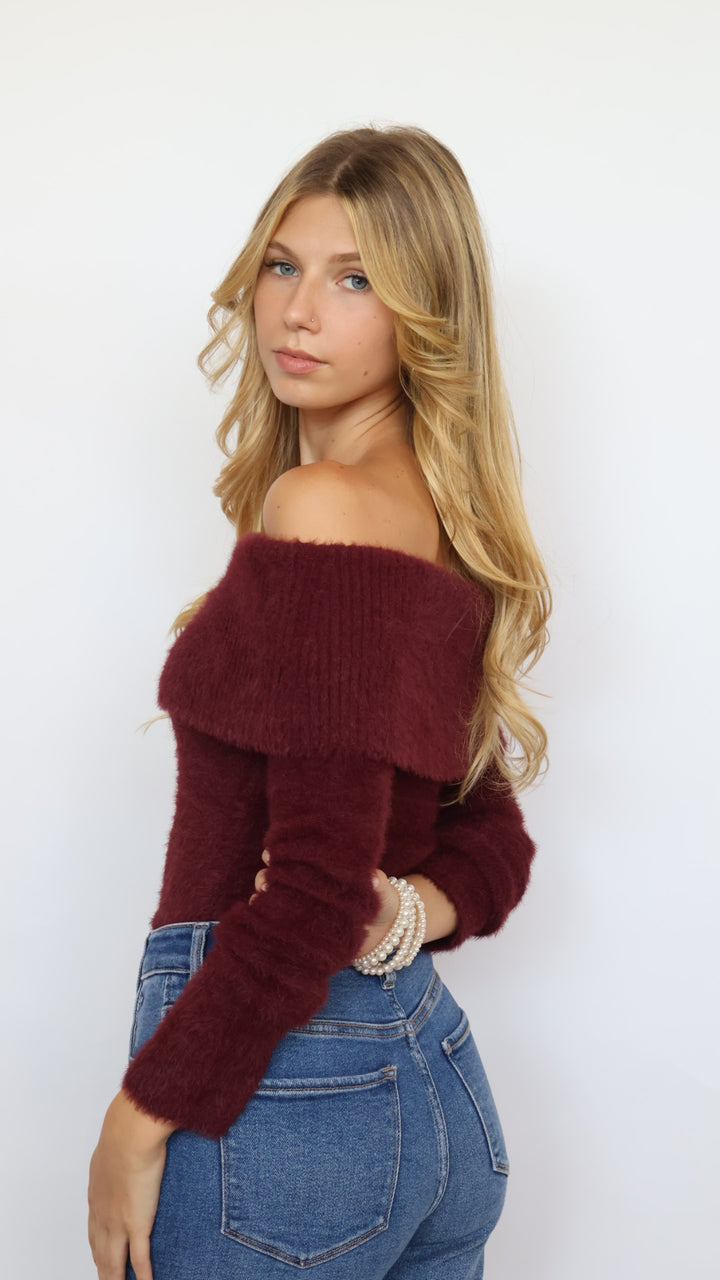 Cozy Off Shoulder Fold Over Knit Sweater
