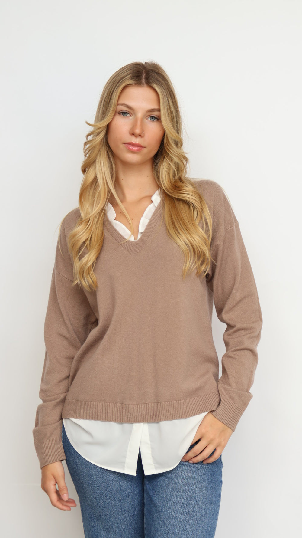 Pinch Ruffle V-Neck Twofer Sweater