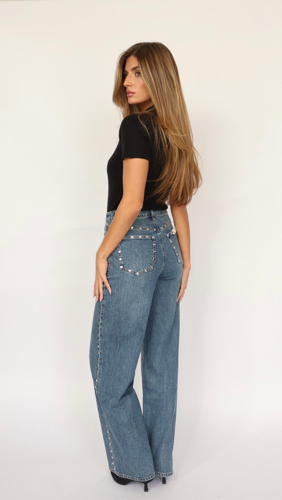 Habitual Gemma Studded High Waist Wide Leg Jeans