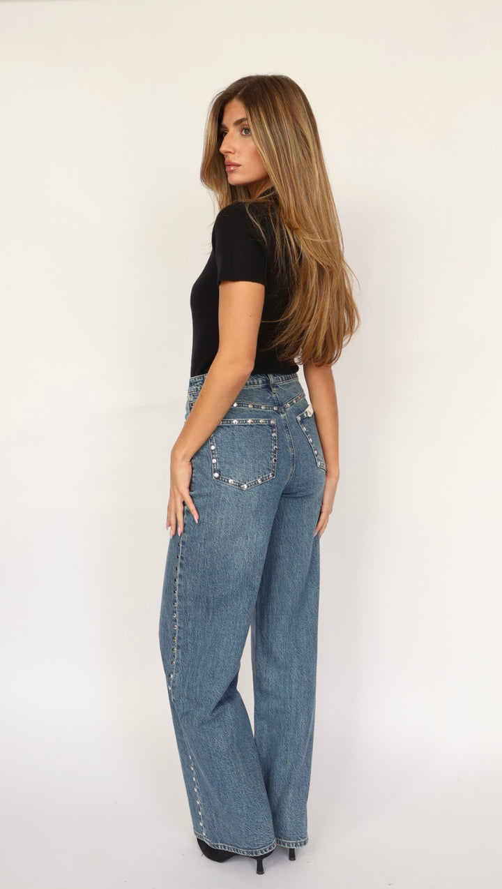 Habitual Gemma Studded High Waist Wide Leg Jeans