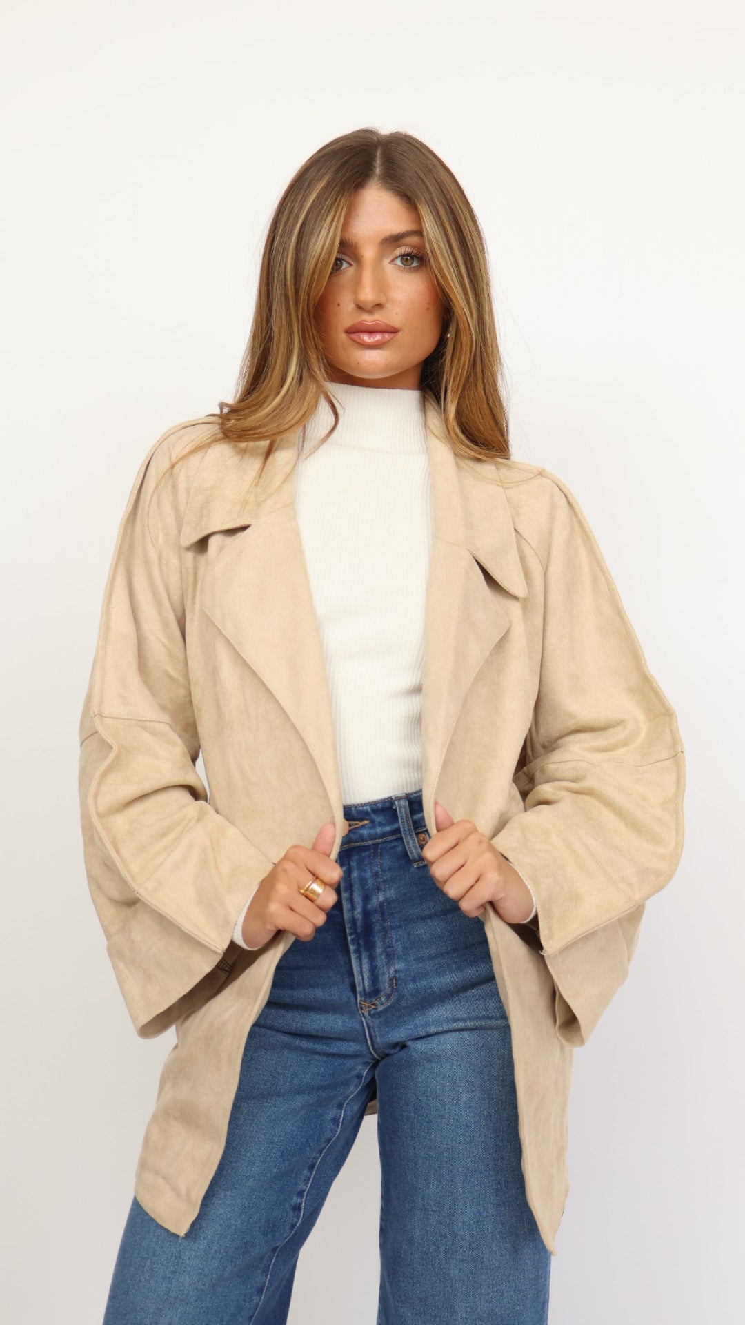 Faux Suede Belted Mid Length Trench Coat