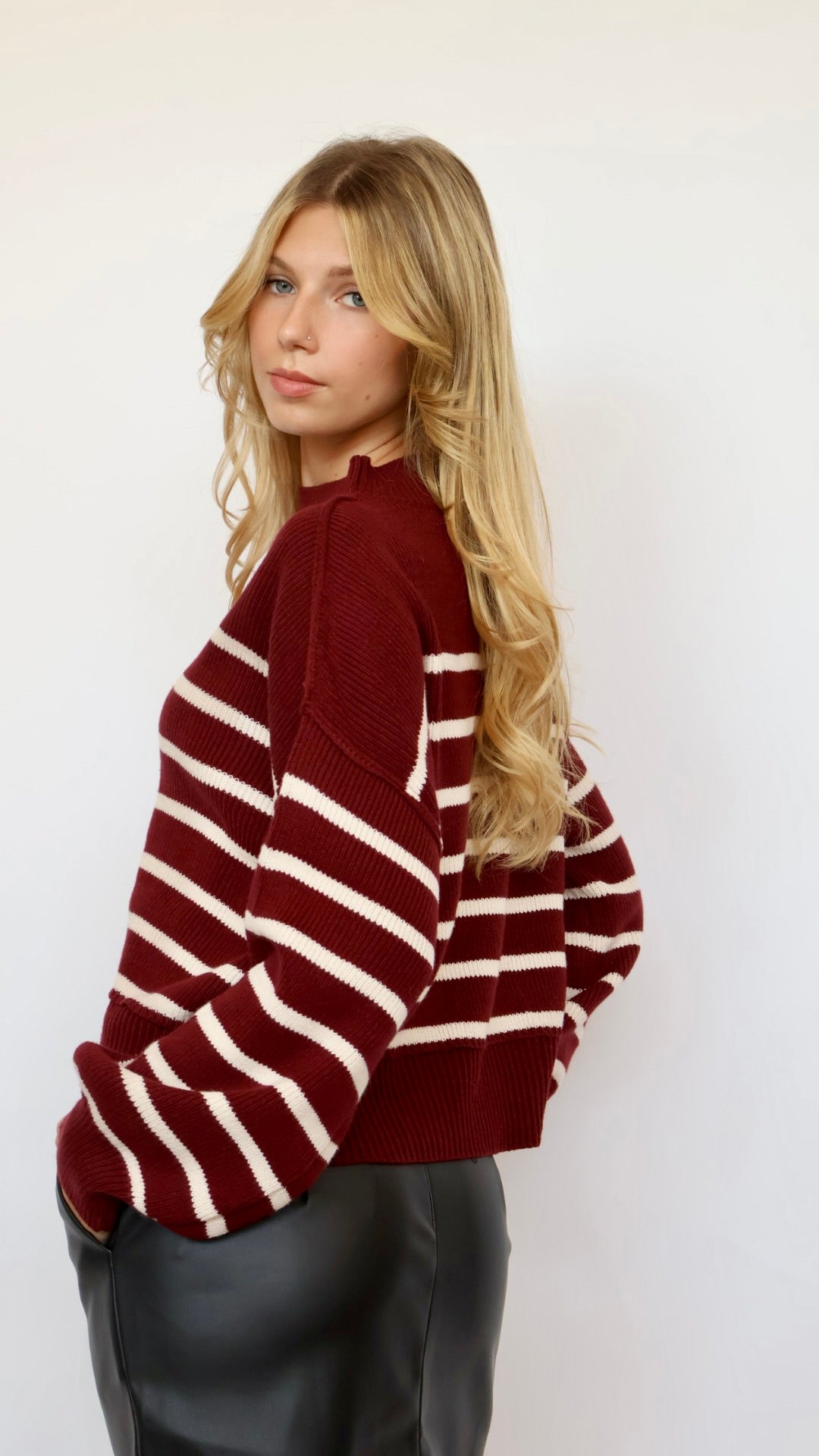 Loose Fit Mock Neck Stripe Sweater