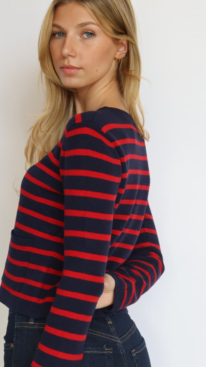 Red & Navy Striped Crewneck Cardigan
