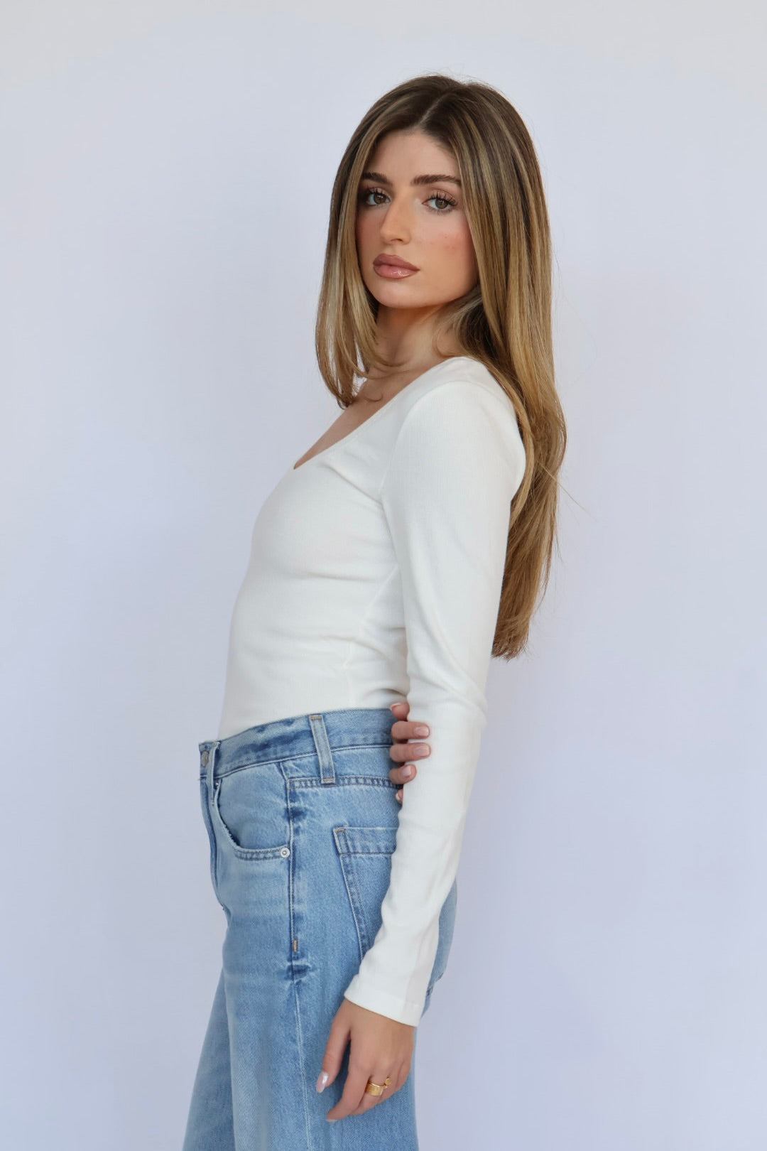 Ribbed Cotton Scoop Neck Long Sleeve Top