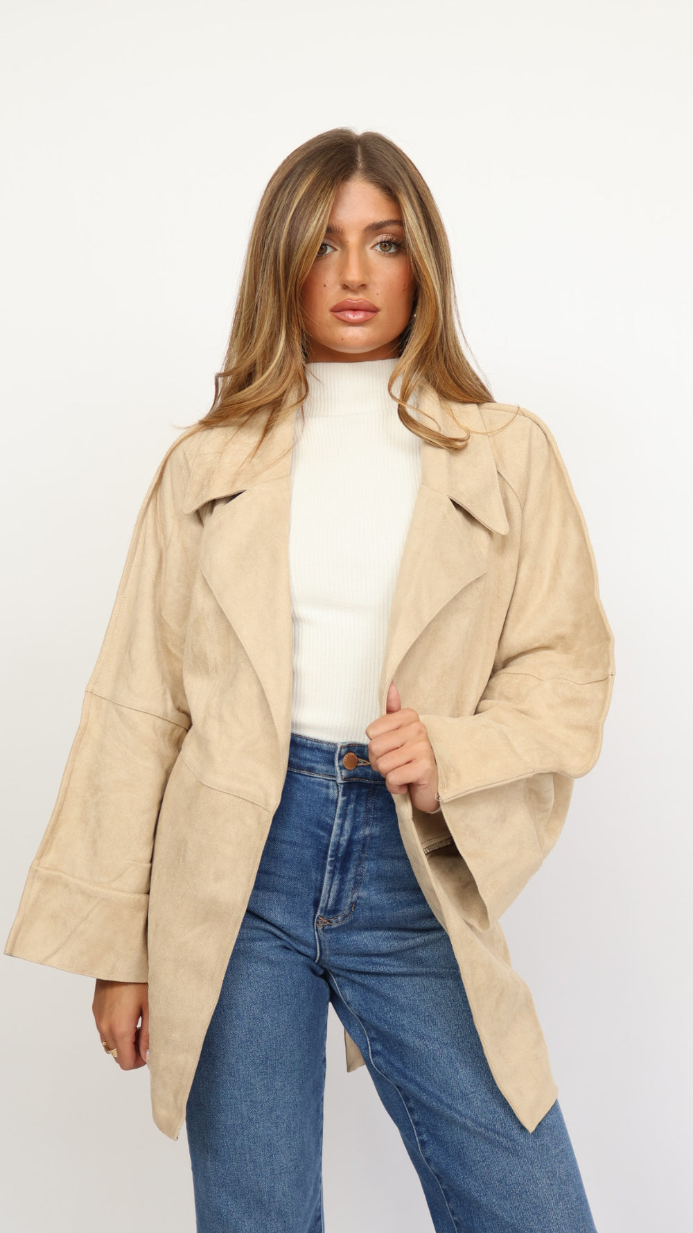 Faux Suede Belted Mid Length Trench Coat