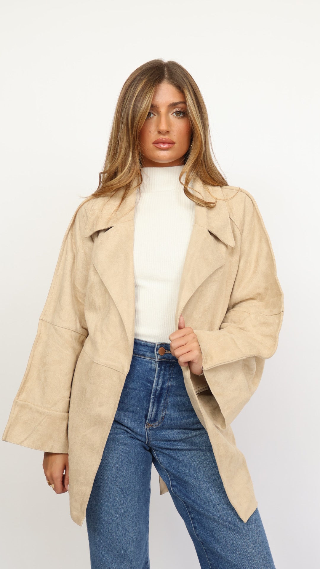 Faux Suede Belted Mid Length Trench Coat