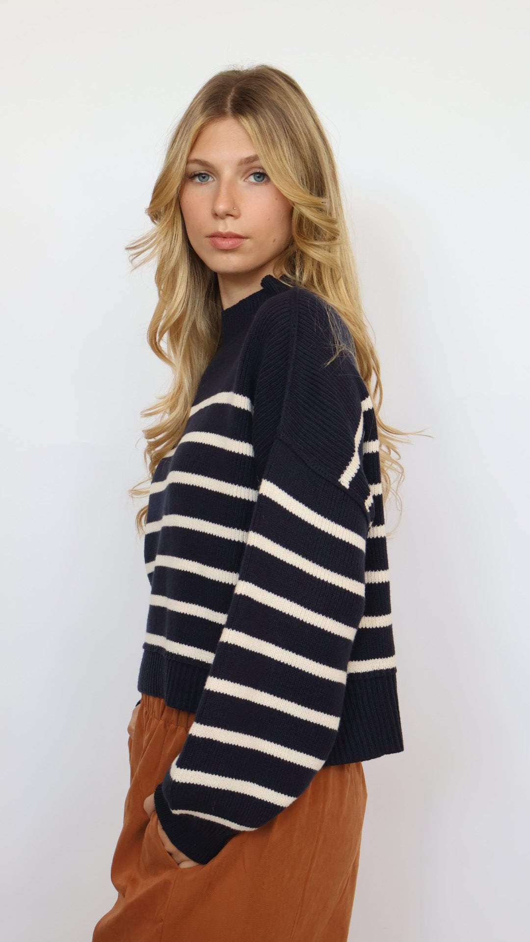 Loose Fit Mock Neck Stripe Sweater