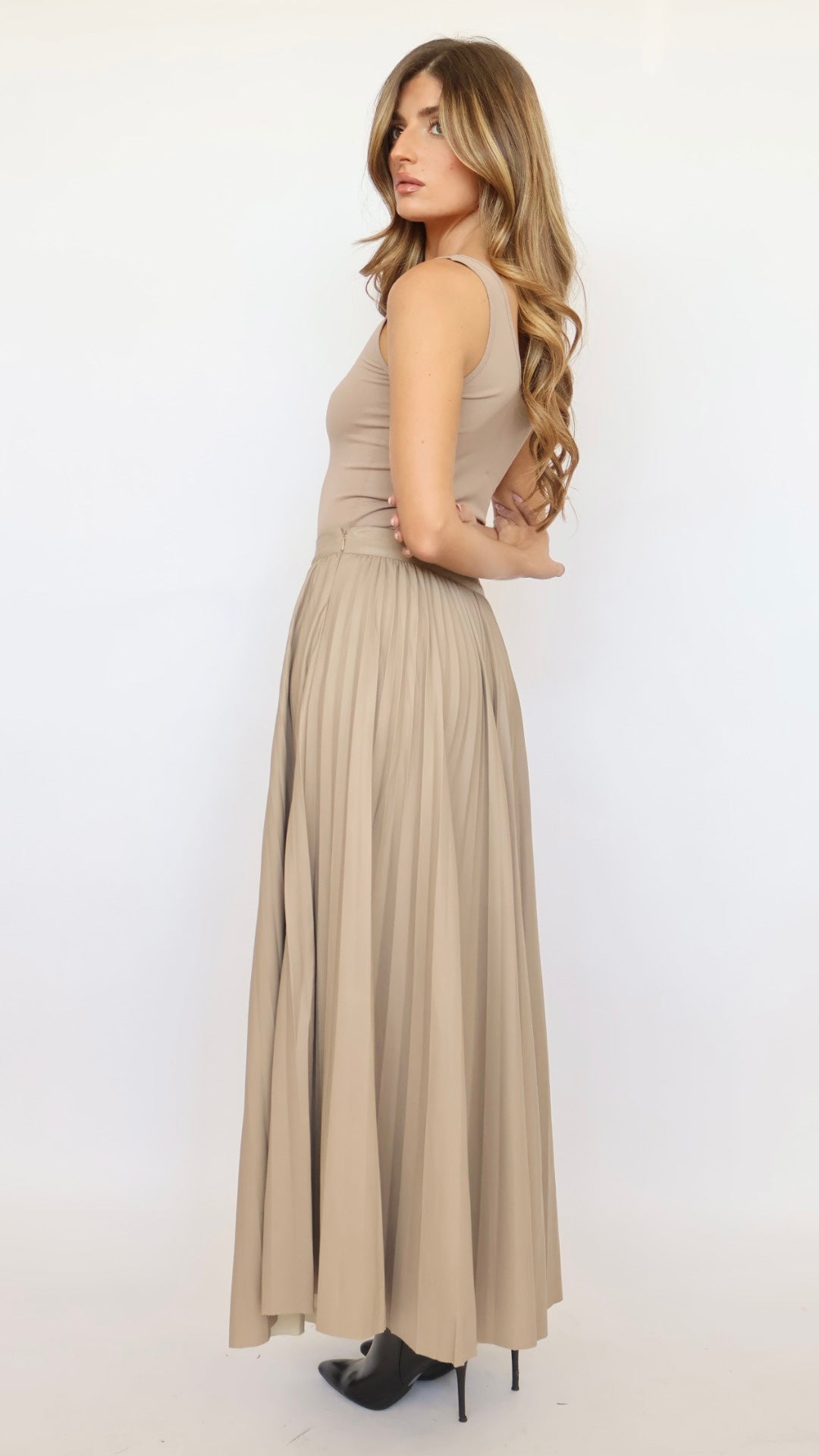 Pleated Vegan Leather Maxi Skirt