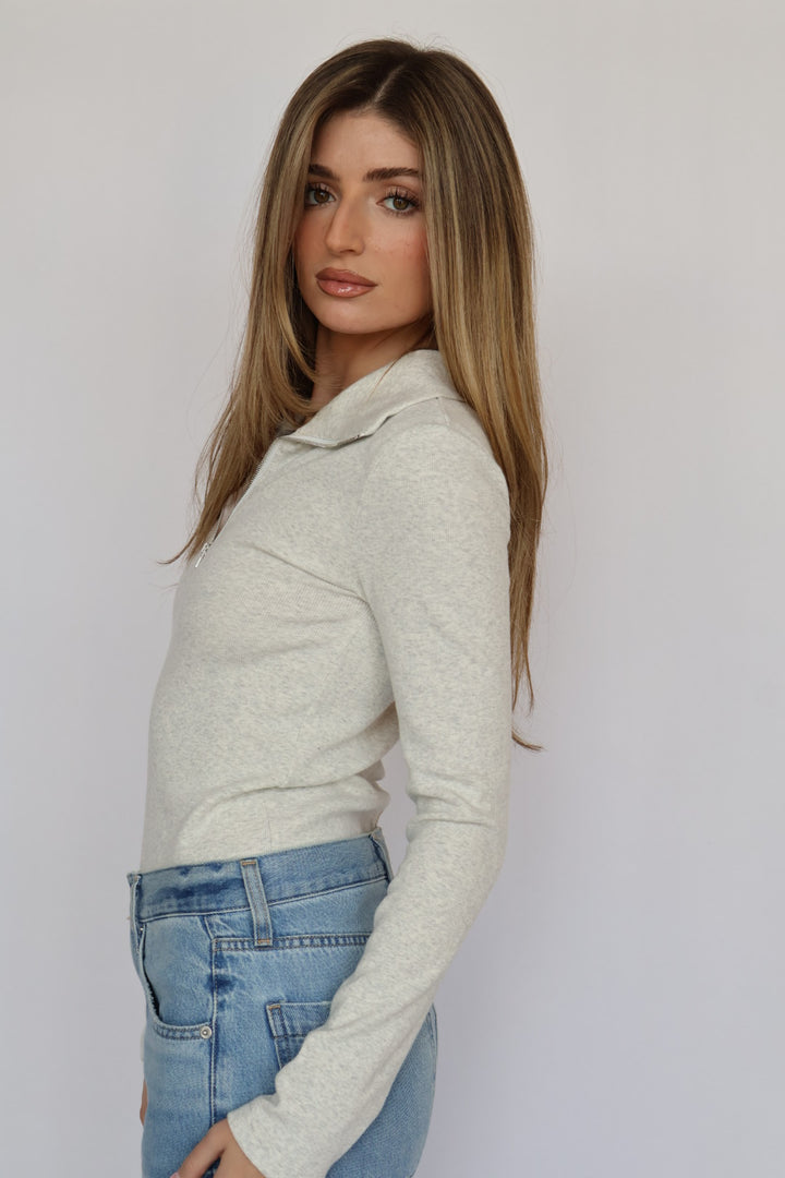 BEST SELLER : Loren Ribbed Cotton Zip Long Sleeve Top 40% OFF IN CART