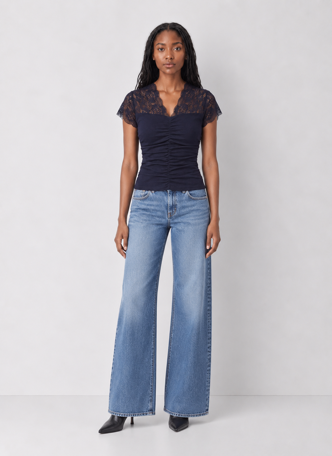 Ruched Knit Lace V-Neck Top