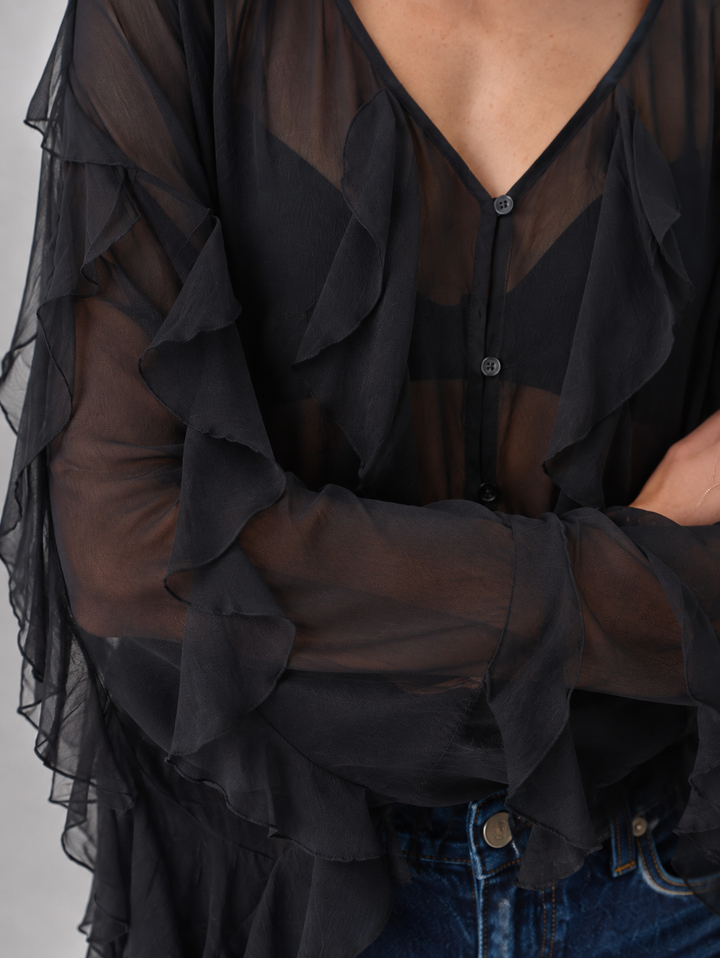 Ruffled V-Neck Button Down Top