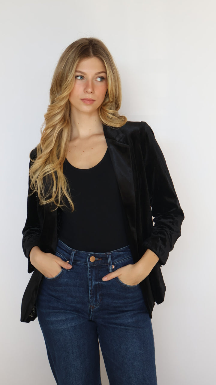 Ruched Sleeve Velvet Blazer