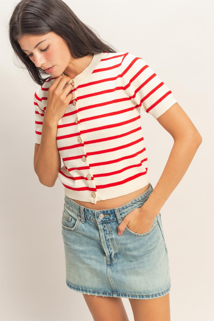 Stripe Short Sleeve Button Up Cardigan