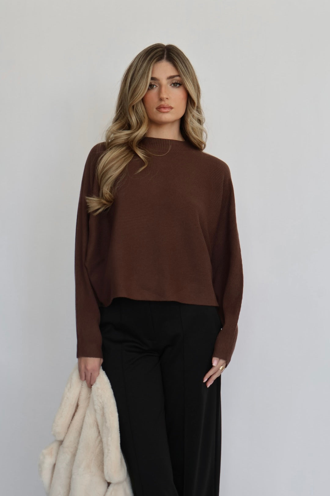 Relaxed Fit Rib Knit Dolman Sweater