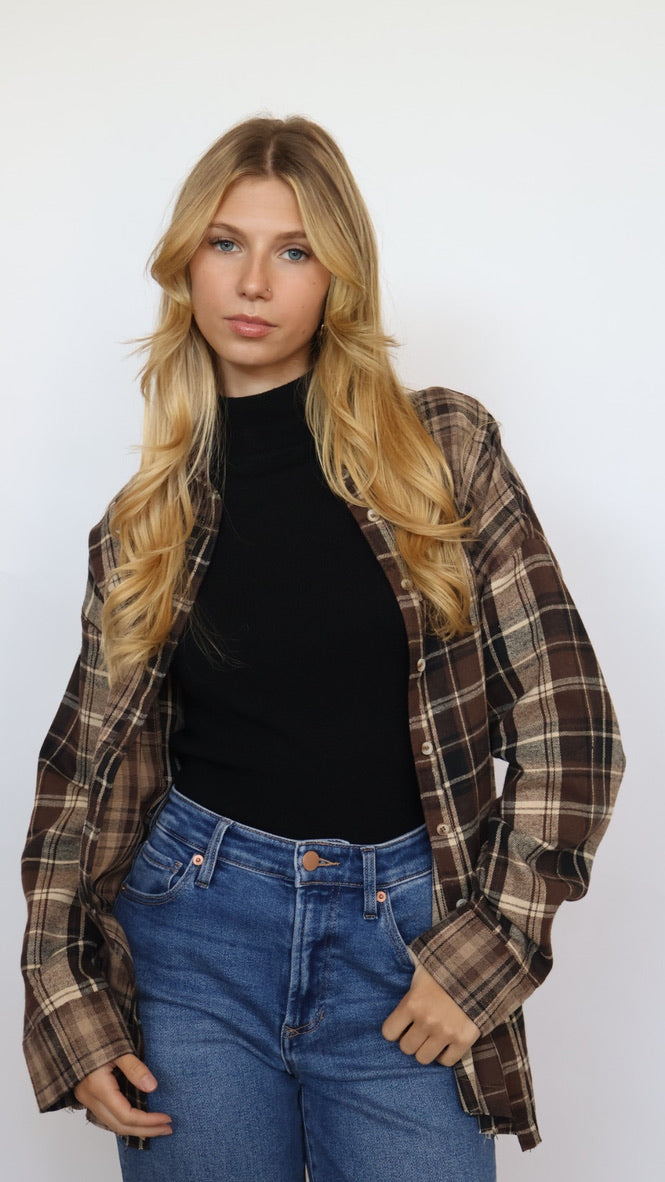 Brown Plaid Flannel Button Down Top