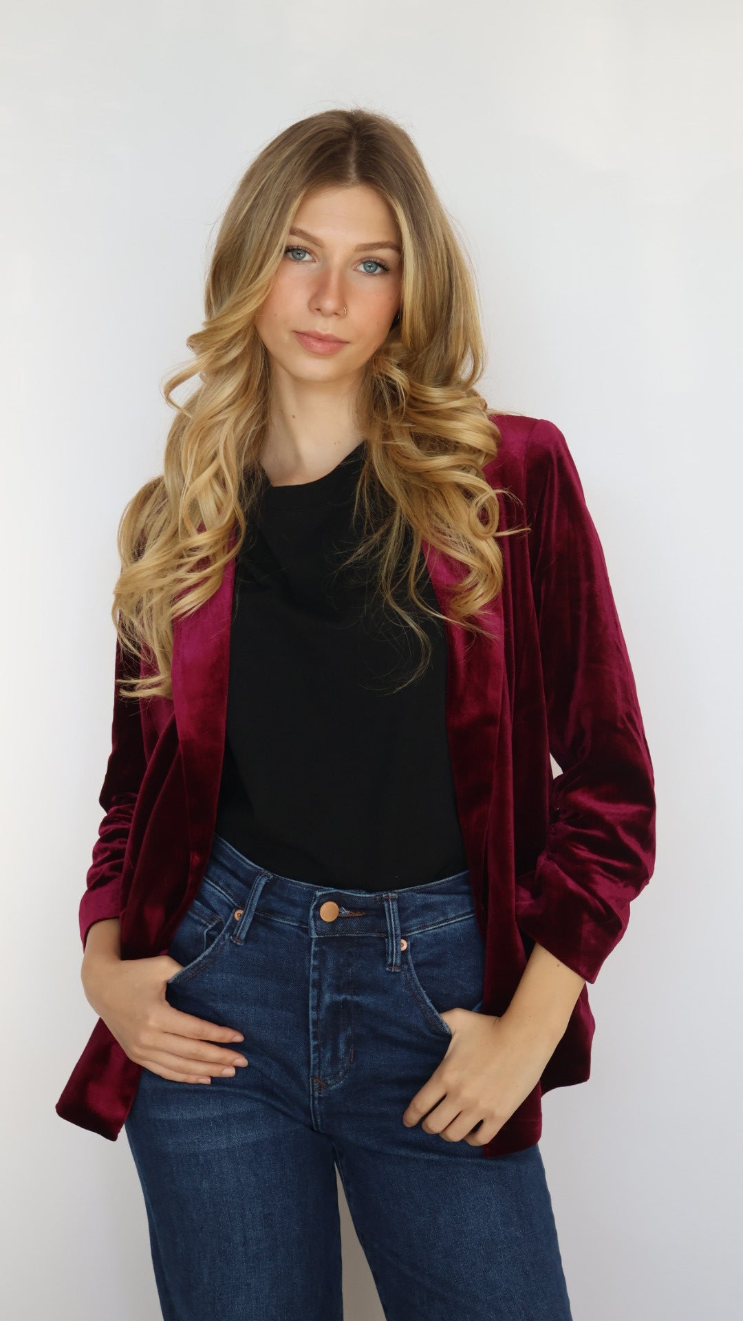 Ruched Sleeve Velvet Blazer