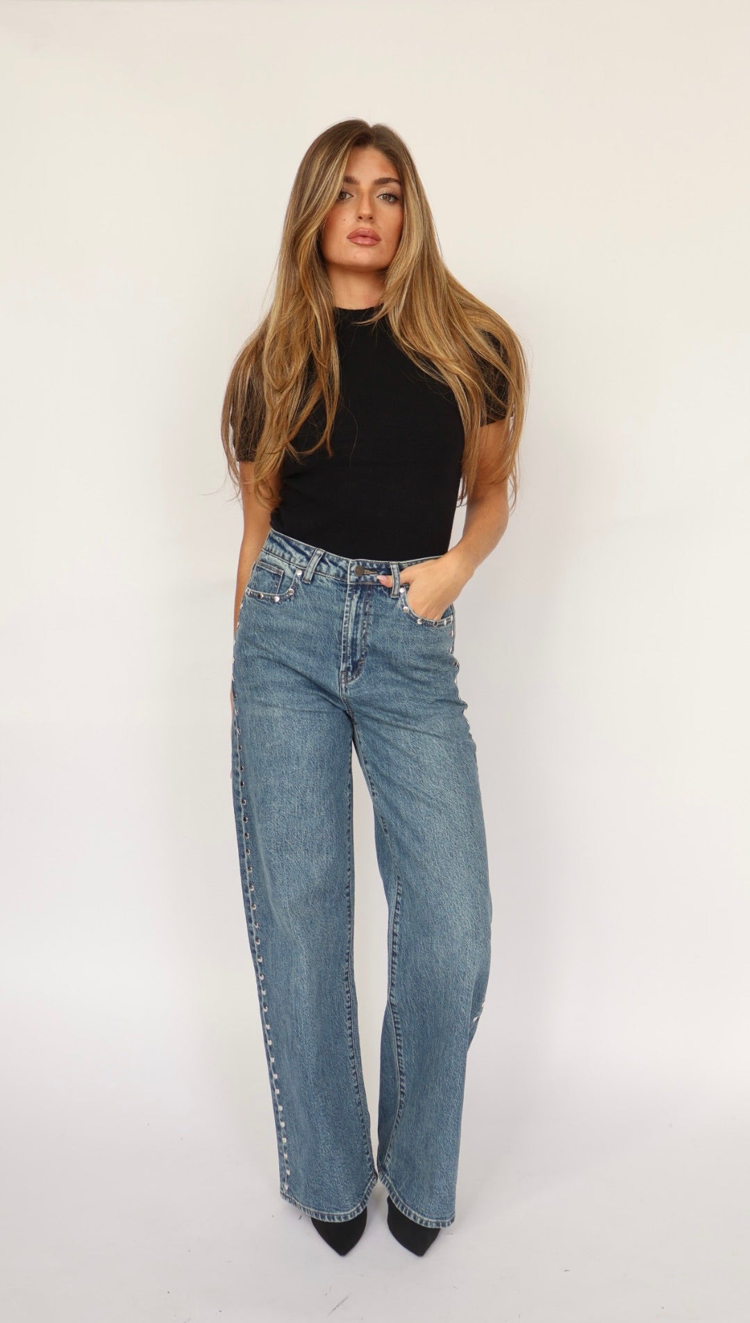 Habitual Gemma Studded High Waist Wide Leg Jeans