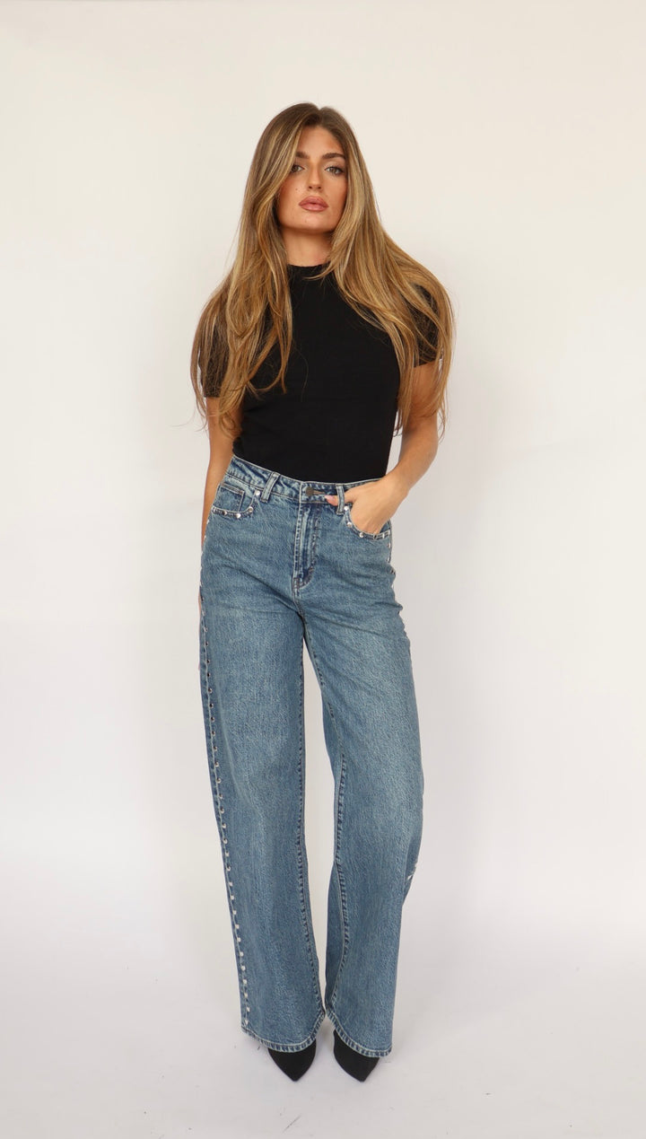 Habitual Gemma Studded High Waist Wide Leg Jeans