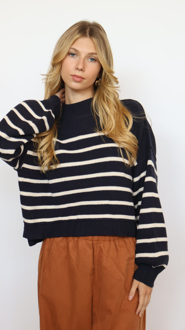 Loose Fit Mock Neck Stripe Sweater