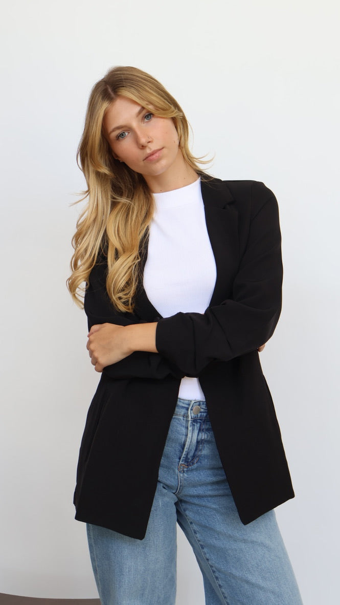 3/4 Ruched Sleeve Open Blazer