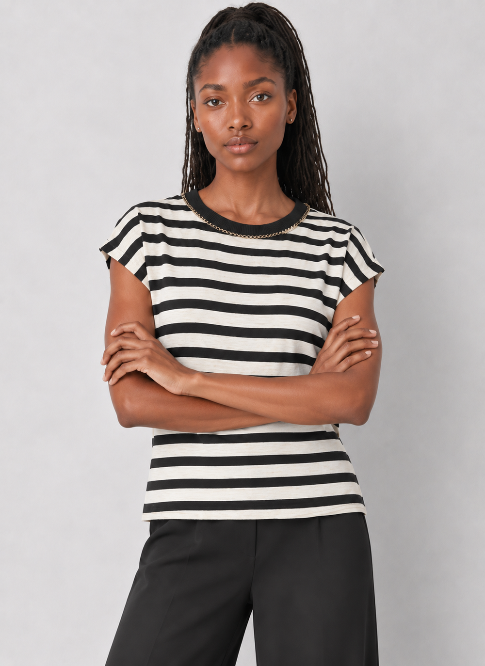 Chain Trim Cap Sleeve Striped Knit Top
